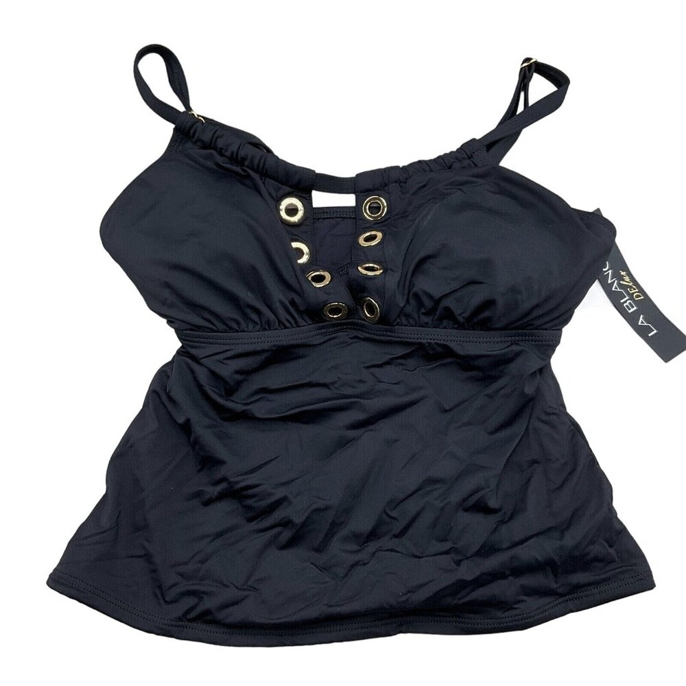 La Blanca Deluxe Tankini Top Women 34D Black Grommets Padded Bra Swim 1pc